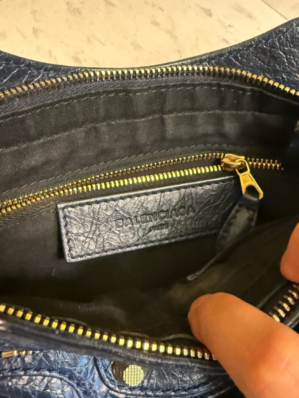 Authentic Balenciaga Navy Leather Crossbody with Gold Hardware Accents
